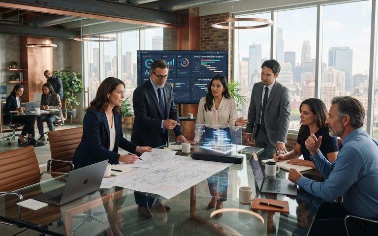 Consultants réunis autour d'une table de réunion, plans d'architecture et tableau de bord à l'appui, dans un bureau ouvert sur la ville