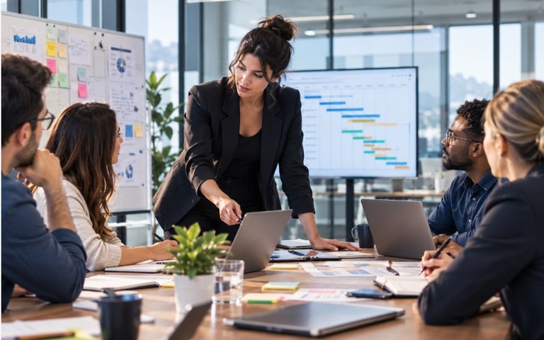 Réunion de travail autour d'une table, la personne qui l'anime commente un planning de Gantt affiché à l'écran, l'équipe suit sur ses ordinateurs portables