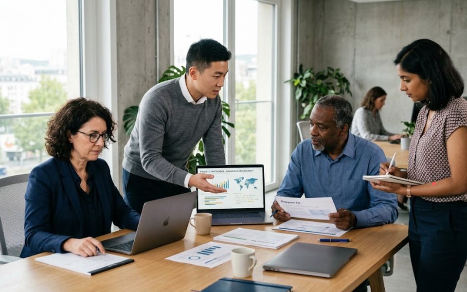 Quatre consultants d'âges et d'origines différents réunis autour d'une table de travail, analysant ensemble un graphique affiché à l'écran et un rapport imprimé