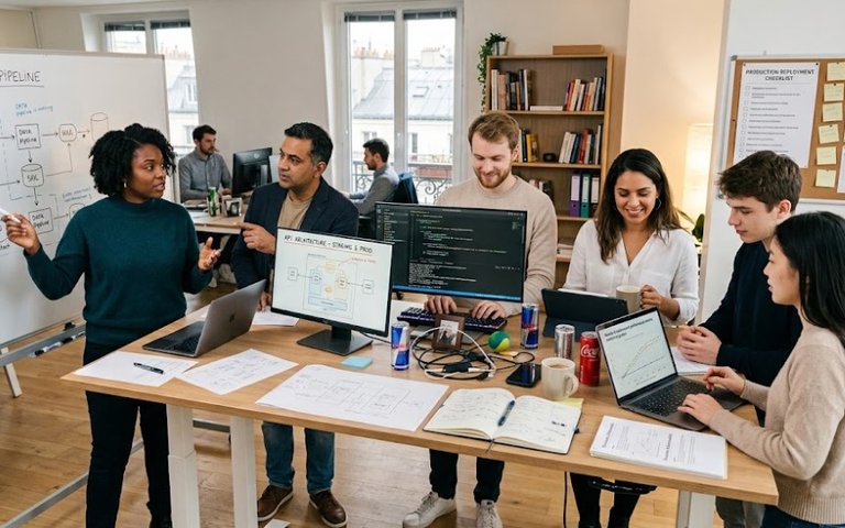 Équipe technique réunie autour d'un bureau, un schéma de flux de données tracé au marqueur sur le tableau blanc et du code affiché à l'écran